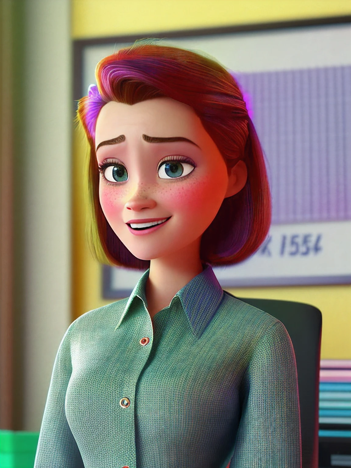 Pixarstyle a waist-high portrait of a young woman in an office shirt, sorriso, s office, textura natural da pele, texturas 4k, hdr, intrincado, altamente detalhado, foco nítido, cinematic visual, hiperdetalhado com remix desta foto: