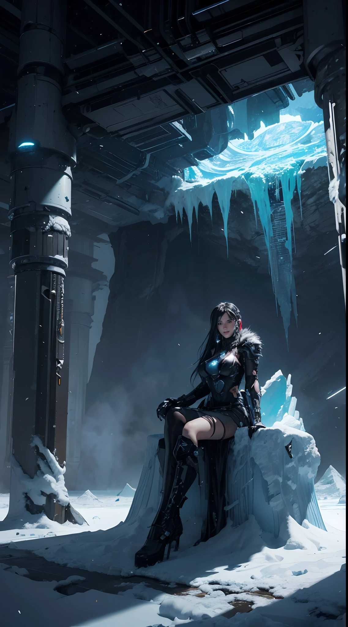 ((nsfw)),((gigantic breast:1)Cyberpunk, mechanical, broken, there is a picture of a very large iceberg, cyberpunk, mechanical, broken, with a lot of snow, dungeon background, icicle background, arena background, game background, dark dark cave background,a female warrior squatting down,((angry:1))