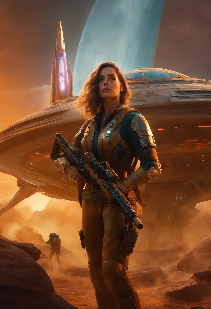 There's a woman holding a gun in front of a spaceship, Empire ruined in the background, arte oficial do personagem, zumbi de doom eternal, Orianna, pintura de c - 3 p 0, inspirado em Sargent Johnson, heaven planet in background, Imagem promocional Juno, capacete completo