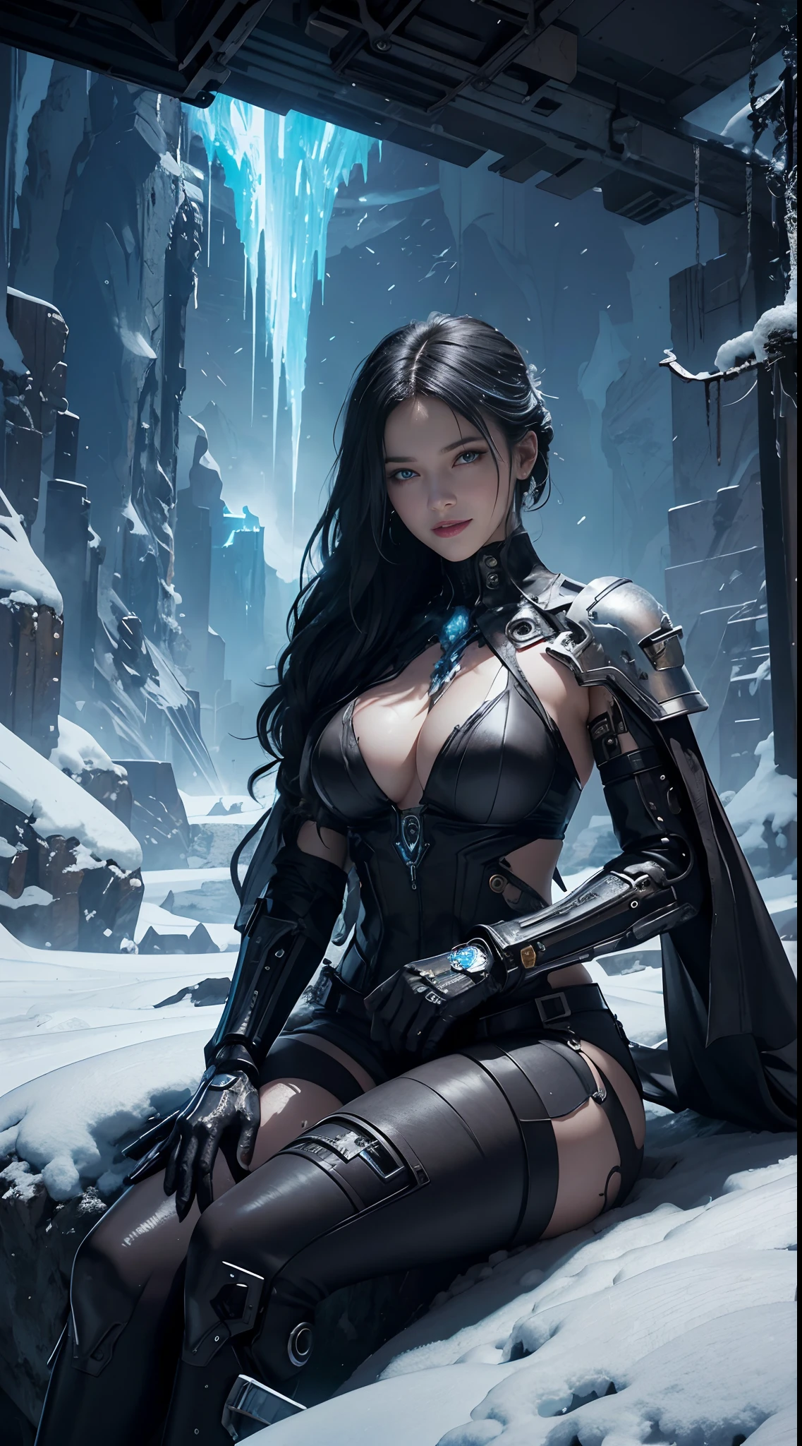 Cyberpunk, mechanical, broken, there is a picture of a very large iceberg, cyberpunk, mechanical, broken, with a lot of snow, dungeon background, icicle background, arena background, game background, dark dark cave background,a female warrior sitting,((smile:1))