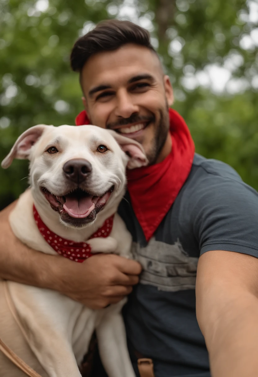 there is a dog that is sitting on a person's lap, he‘s wearing a red neckerchief, happily smiling at the camera, peludo bonito precisa de sua ajuda, bandana, olhar orgulhoso, Ciborgue - Pitbull tirando uma selfie, Looking towards the camera, selfie of a dog, bandana vermelha, winking at the camera, sorriso atrevido, pitbull, happy dog, Brutus