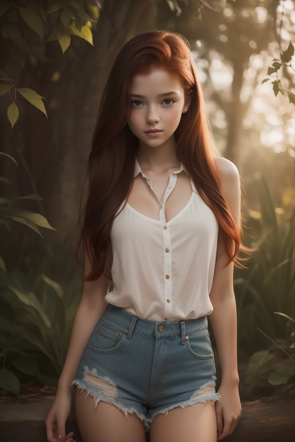 young girl,  redhead,  cinematic, The portrait showcases a young (redhead girl:1.6) with a shy and innocent demeanor,  blueish eyes,  sensual slim face,    big lips,  naked,  BIG TITS and shorts,  Her hair is styled sleek and straight,  elegantly framing her face with  adorable long hairl .Her face is illuminated by gentle lighting,  highlighting her delicate features. The girl's eyes sparkle with a hint of curiosity and her lips form a subtle,  shy smile. The background consists of a ourtoor nature autum scenery muted and warm-toned setting,  providing a calm and serene atmosphere. The composition focuses on the girl's face,  capturing the intricate details of her flawless skin,  The overall image exudes a sense of tranquility and captures the innocence and gentleness of youth