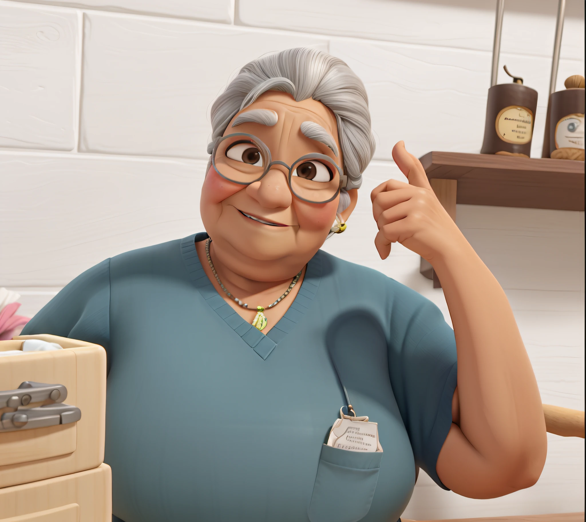 idosa, branca, Brazilian Ethnic Traits, cabelo curto, corpo inteiro, The old lady is fat, He wears glasses and is mopping the house , disney pixar desenho animado em 3d