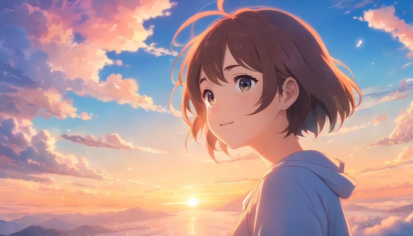 masterpiece, best quality, movie still, 1girl, cloud girl, floating in the sky, close-up, bright, happy, warm soft lighting, sunset, (sparks:0.7)