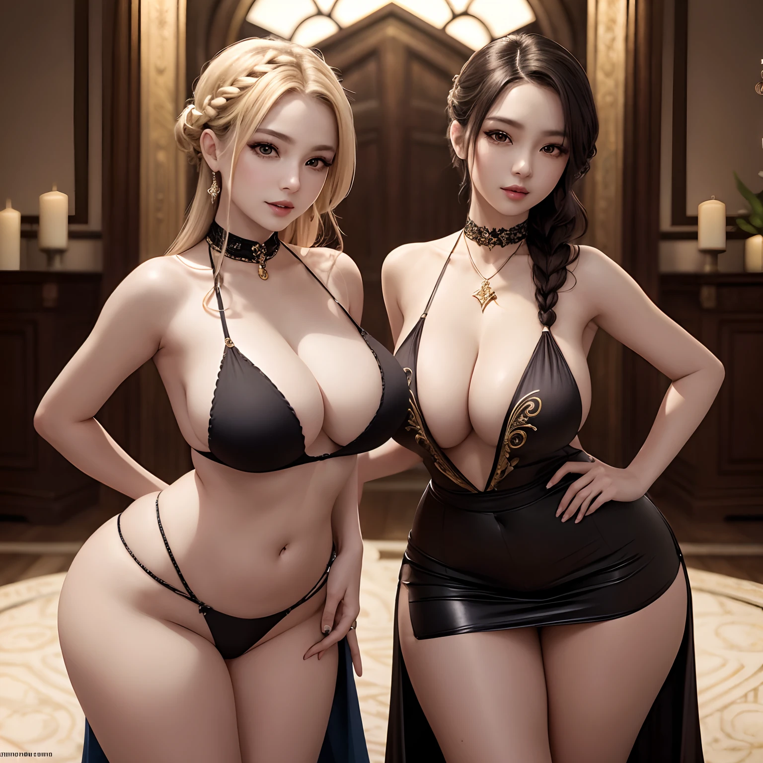 a Very very sexy exotic priestess, pervert, very cute smiling Vampire, huge Anime eyes, revealing outfit, skirt with a high slit, crop top, curvy, Slim form, large breasts, round ass, slim waist, Little mouth, very thick lips, almond-shaped eyes, braided hair, Gorgeous and sumptuous body, Beautiful and very symmetrical face, Very detailed and intricate environment, Very detailed and lewd clothing, Anime realism, glamour portrait, cleavage, tempting the viewer