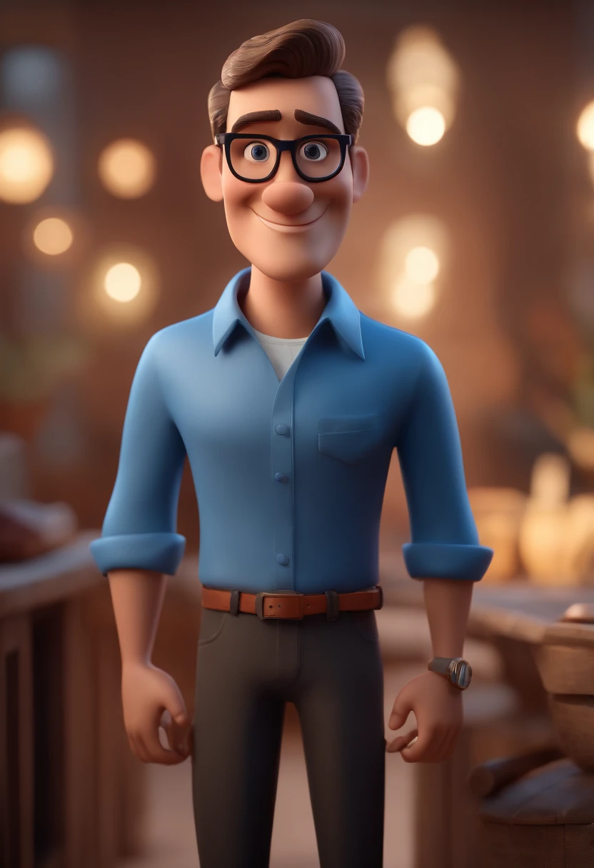 Cartoon character of a man with black glasses and a blue shirt, animation character, Caractere estilizado, animation style rendering, 3D estilizado, Arnold Maya render, 3 d render stylized, toon render keyshot, Personagem 3D, Personagem 3D, 3d rendering stylized, 3 d character render, personagem de desenho animado, Personagem de close up, Pose de personagem, (Estilo Pixar) (master part:1.2) (Bokeh) (best quality) (pele detalhada) (textura detalhada) (8k) (argila) (Cinematic lighting) (foco nítido