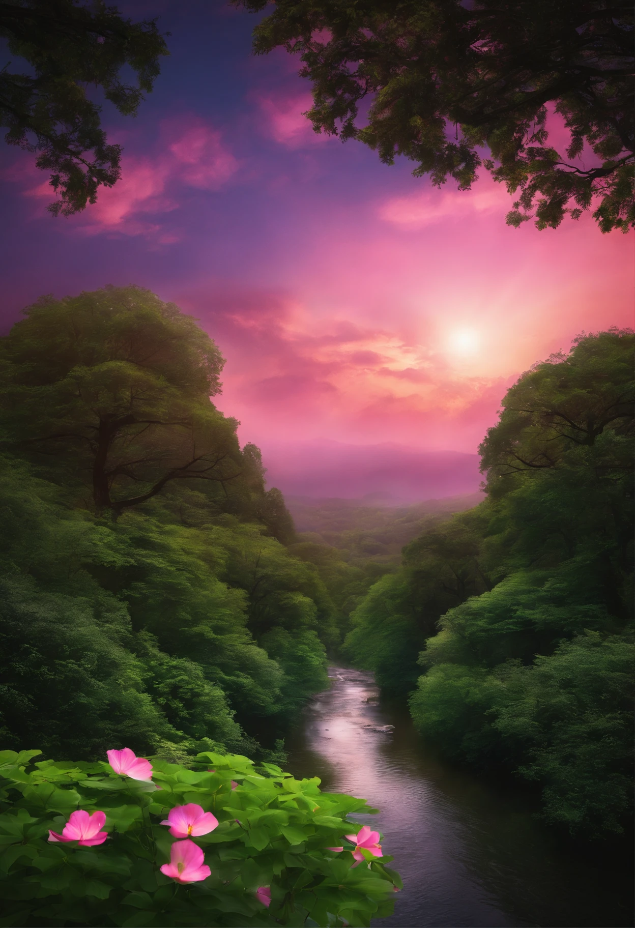 (Beautiful Magic Night Green Sky Stream Overlay Scenery), (heaven), (nuvem), soft lighting, fundo limpo, beautiful scenery, master part, alta qualidade, graphics beautiful, High detail, epic scenery, Jardim, flor, nuvem, (night starly sky, back river, huge old trees behind, dropping bright pink petals back)