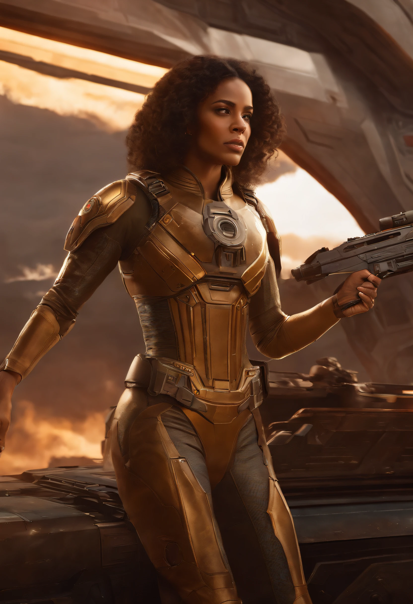 There's a woman holding a gun in front of a spaceship, Empire ruined in the background, arte oficial do personagem, zumbi de doom eternal, Orianna, pintura de c - 3 p 0, inspirado em Sargent Johnson, heaven planet in background, Imagem promocional Juno, capacete completo