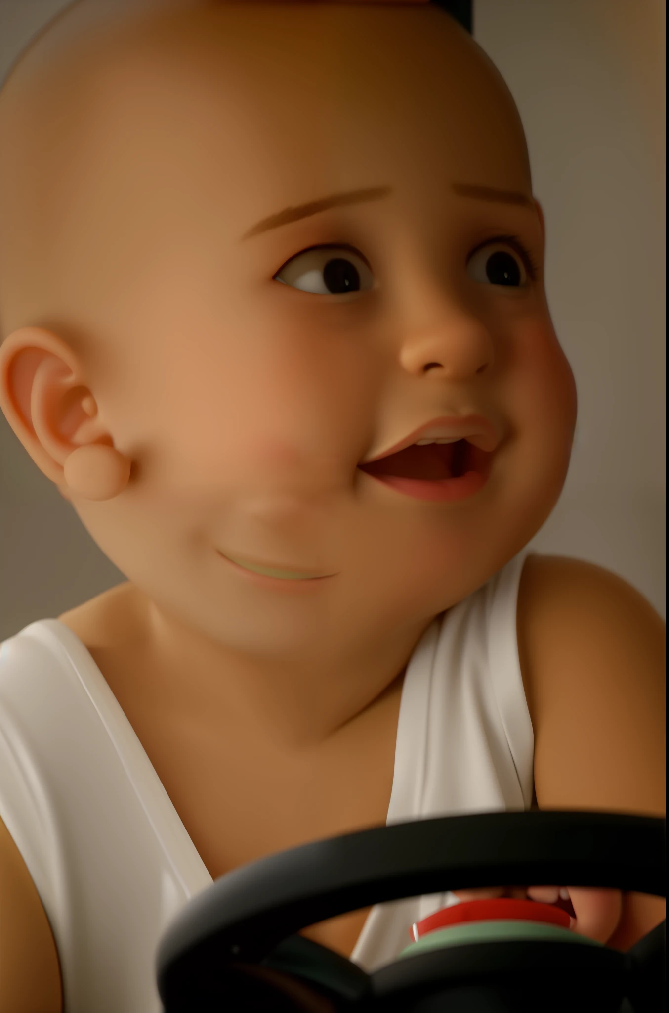 There's a sitting in a green chair with a steering wheel, dirigindo em um pequeno carro de brinquedo, virado para a frente, dirigindo um carro, menino bonito, Younroto feliz, with a happy expression, close up foto de retrato, assumindo o controle enquanto sorri, Sorrindo, volante, foto comercial do brinquedo, foto - shot, cara feliz, garotinho, driving fast