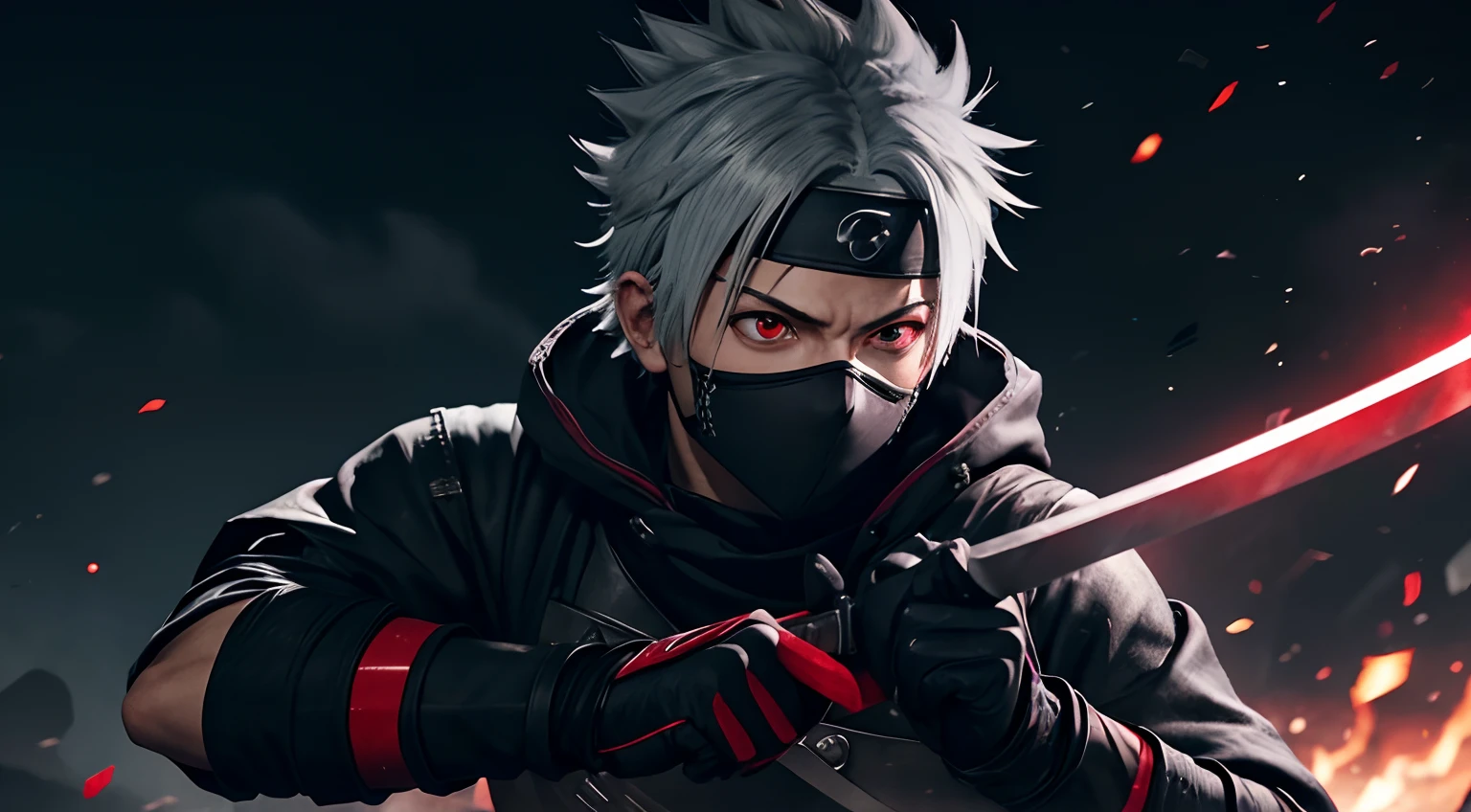 kakashi, 1boy, male focus, solo, glowing, red eyes, ninja, weapon, glowing eyes, holding, looking at viewer, fingerless gloves, gloves, holding weapon, sword, black gloves