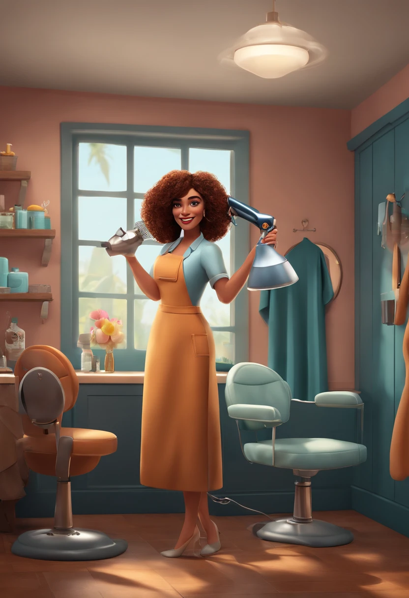 Disney Pixar style a FULL BODY hairdresser holding a pair of scissors in one hand and a hair dryer in the other, cabeleireira mulher de corpo inteiro, (cabeleireira) profissional do cabelo, digital illustration -, detailed digital illustration, digital illustation, arte 3D, digital character illustration, Advanced CG art