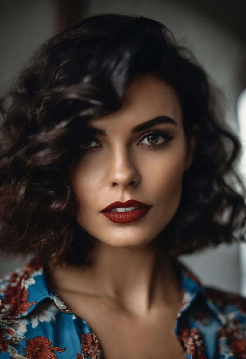 Uma garota de cabelo preto estilo bob, usando uma camisa de rock'n roll segurando uma gata de pelagem tricolor em frente a uma estante de livros