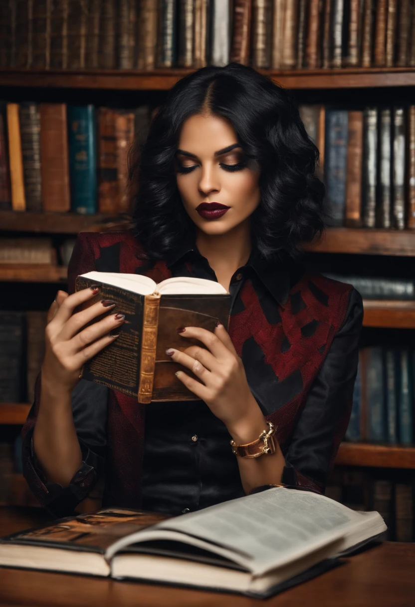 Uma garota de cabelo preto estilo bob, usando uma camisa de rock'n roll segurando uma gata de pelagem tricolor em frente a uma estante de livros