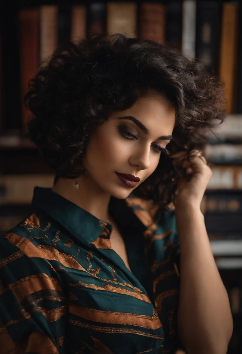 Uma garota de cabelo preto estilo bob, usando uma camisa de rock'n roll segurando uma gata de pelagem tricolor em frente a uma estante de livros