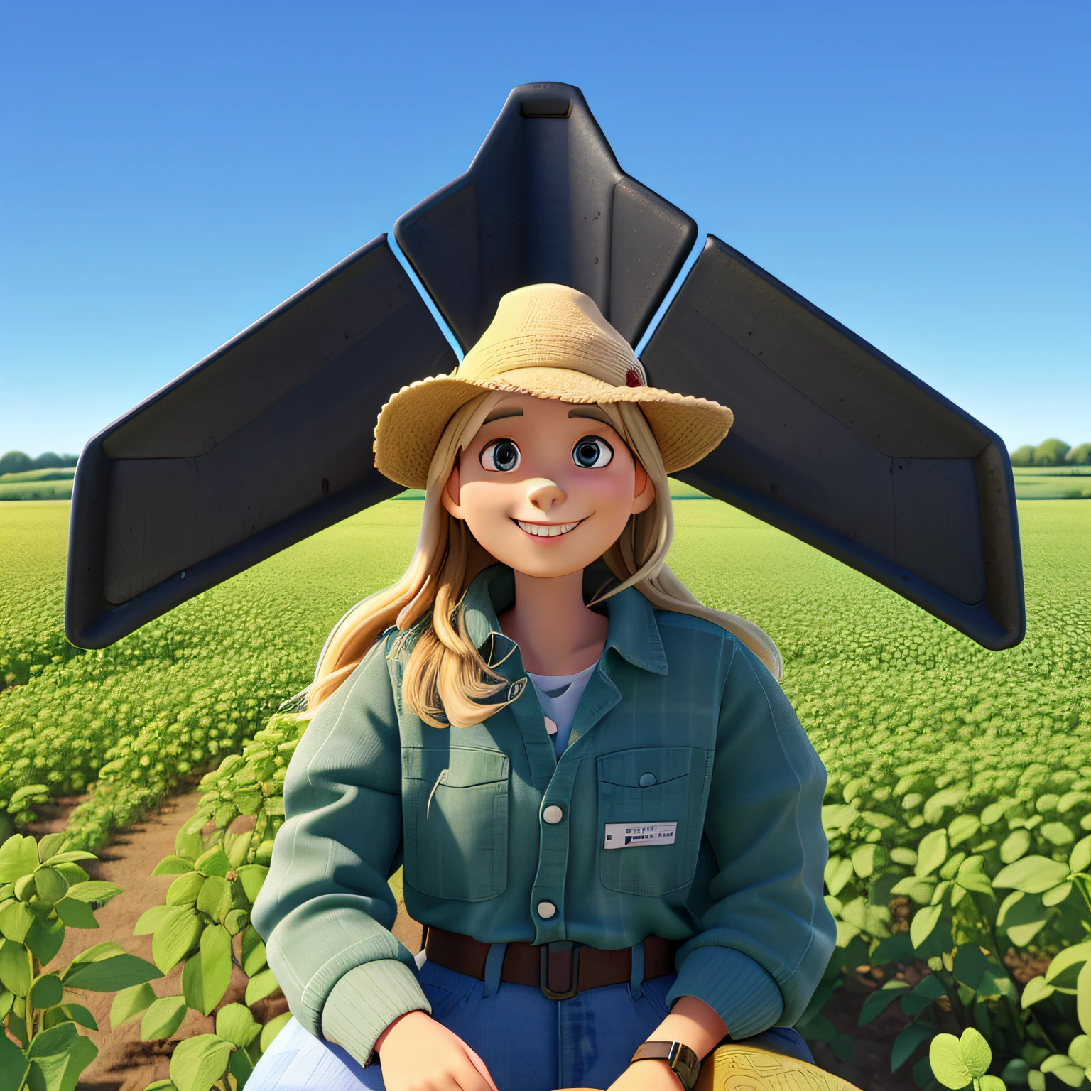Woman smiling in a soybean field with a UAV flying over from behind, estilo pixar