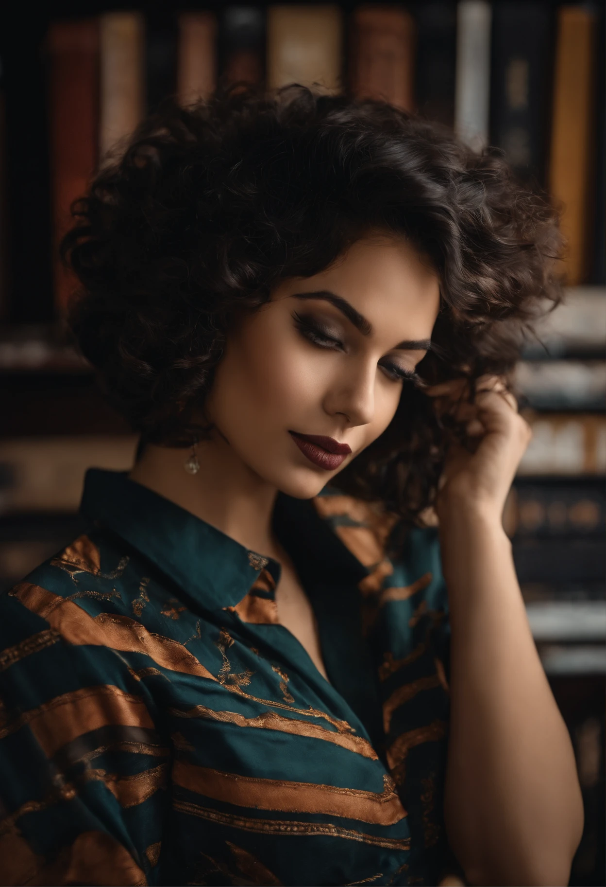 Uma garota de cabelo preto estilo bob, usando uma camisa de rock'n roll segurando uma gata de pelagem tricolor em frente a uma estante de livros