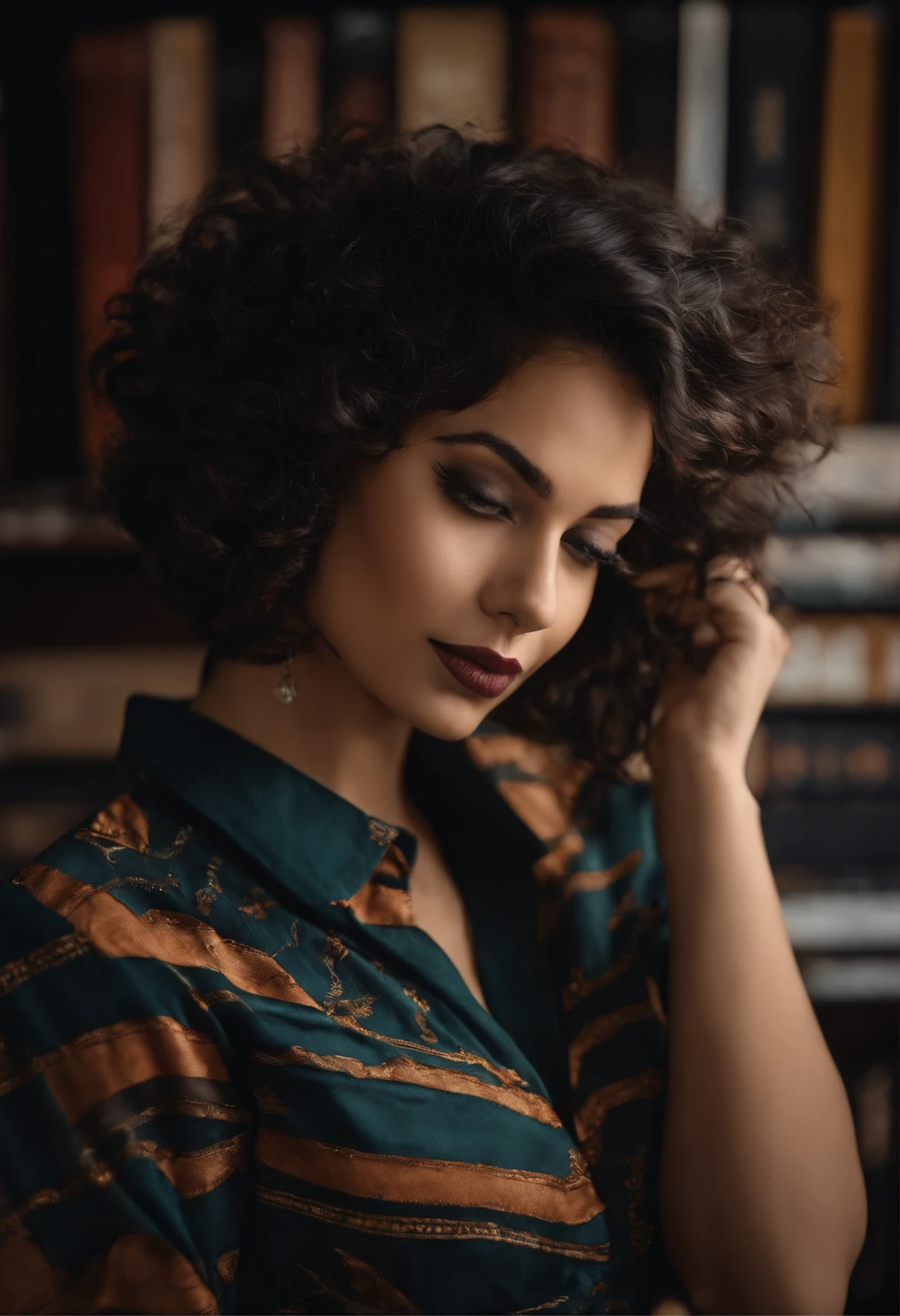 Uma garota de cabelo preto estilo bob, usando uma camisa de rock'n roll segurando uma gata de pelagem tricolor em frente a uma estante de livros