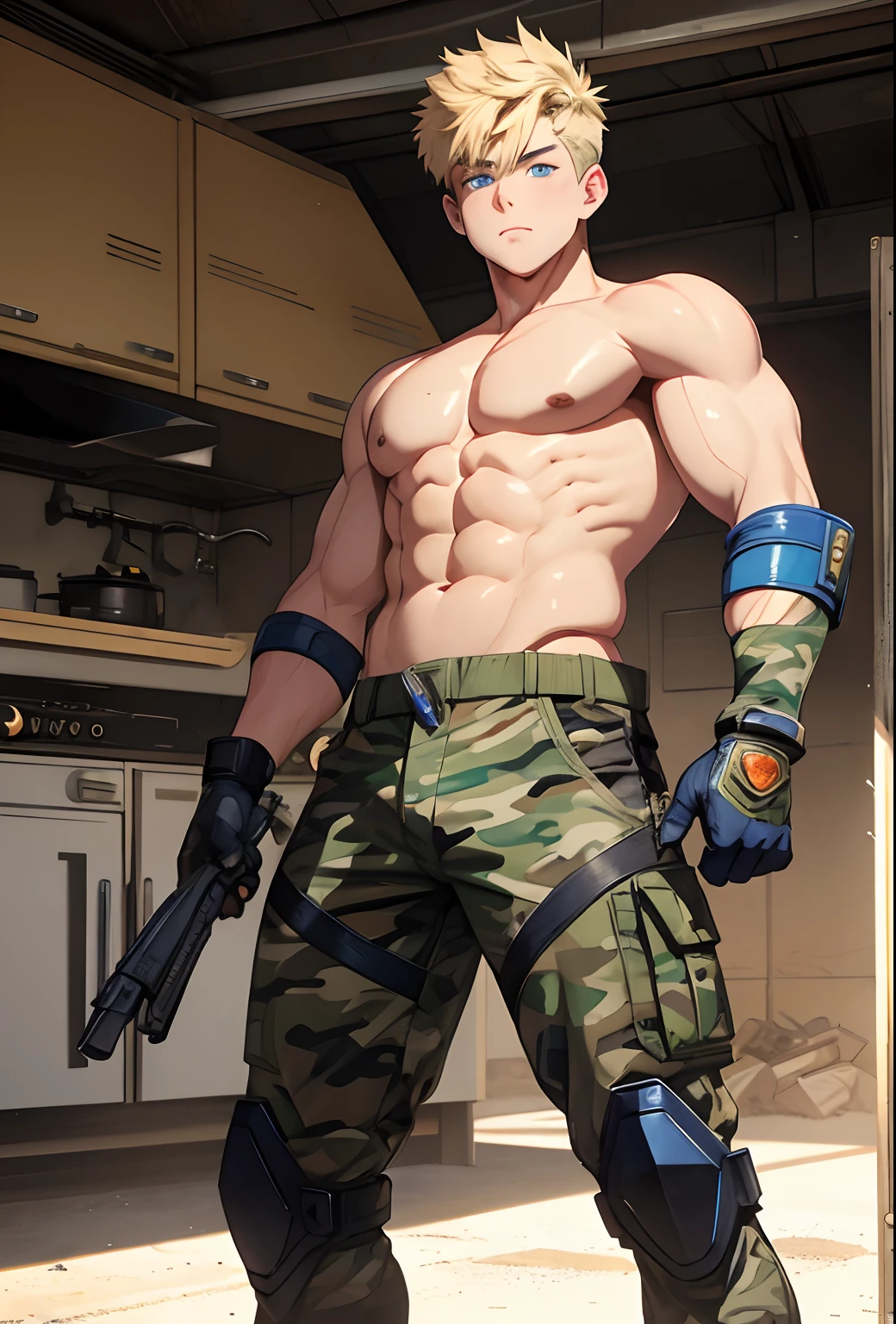 A teenage boy, short blond hair, blue eyes, his hero costume is shirtless, he wears camouflage pants, iron boots and gloves. His belly It has the power of a furnace. it heats up a lot, and as if it were molten iron