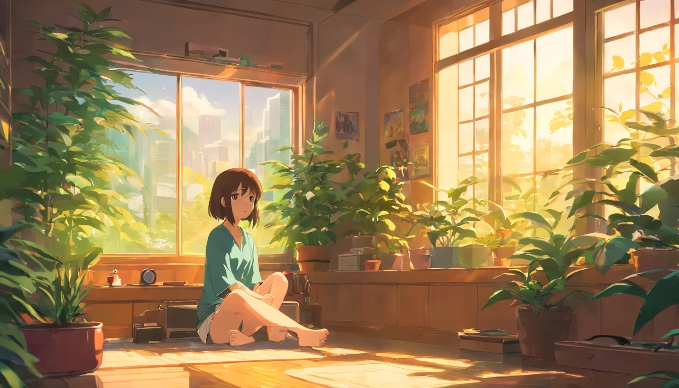A serene lofi girl sitting by a window with soft sunlight streaming in, immersed in music, vintage room filled with vinyl records and plants, evoking nostalgia and relaxation, Illustration, digital art, --ar 16:9 --v 5