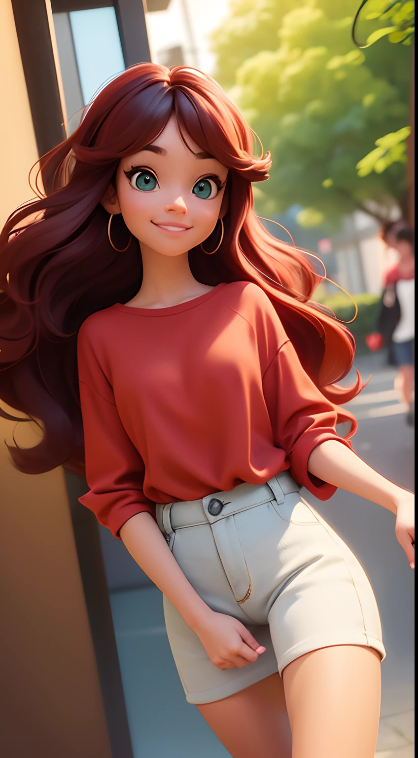 Create a girl, Pixar style, Disney 3d, with long red hair, wavy, green eyes oriental Japanese style, she wears jeans and a red blouse, she is smiling, in the background the scenario should have several images from social networks ..