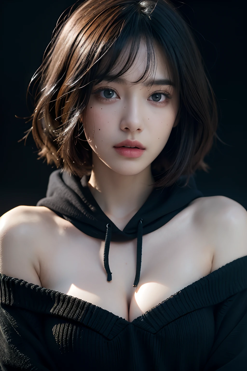 ultra high res,masterpiece,best quality, perfect glossy shiny skins, perfect lighting, detailed lighting, dramatic shadows, ray tracing, 1girl, black sweater, looking at viewer, off shoulder, Big breasts, Exposed cleavage, blue Eyes, sharp face, sharp eyes, long bangs, short cut hair, nsfw, Moles under the eyes, Mole on the mouth, ((Dark background)), oversized hoodie, Wearing a black hoodie, Wearing an ugly black hood, wet (sweaty, soaking wet),