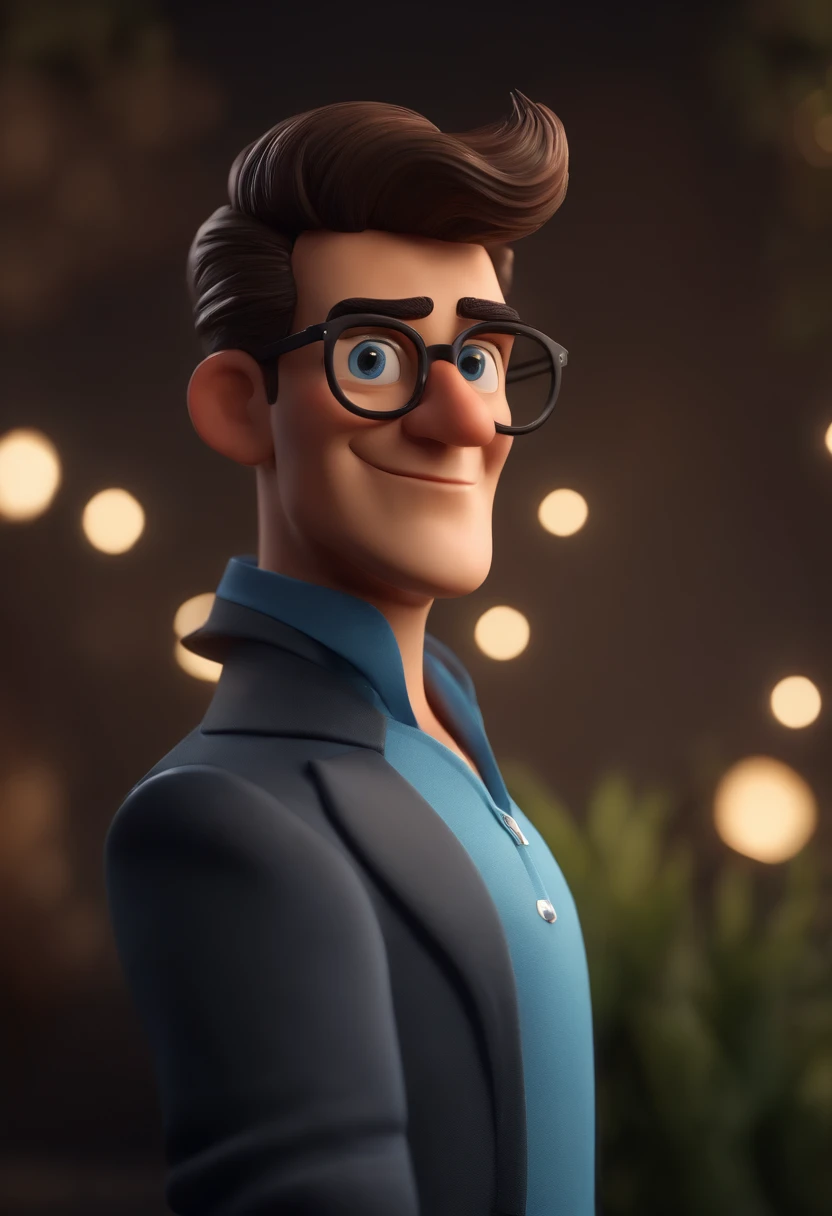 Cartoon character of a man wearing black glasses and a blue shirt, um personagem animado, Caractere estilizado, animation style rendering, 3D estilizado, Arnold Maya render, 3 d render stylized, toon render keyshot, Personagem 3D, Personagem 3D, 3d rendering stylized, 3 d character render, personagem de desenho animado, Personagem de close up, Pose de personagem, (Estilo Pixar) (master part:1.2) (Bokeh) (best quality) (pele detalhada) (textura detalhada) (8k) (argila) (Cinematic lighting) (foco nítido,Senta e vaza a parte superior do corpo