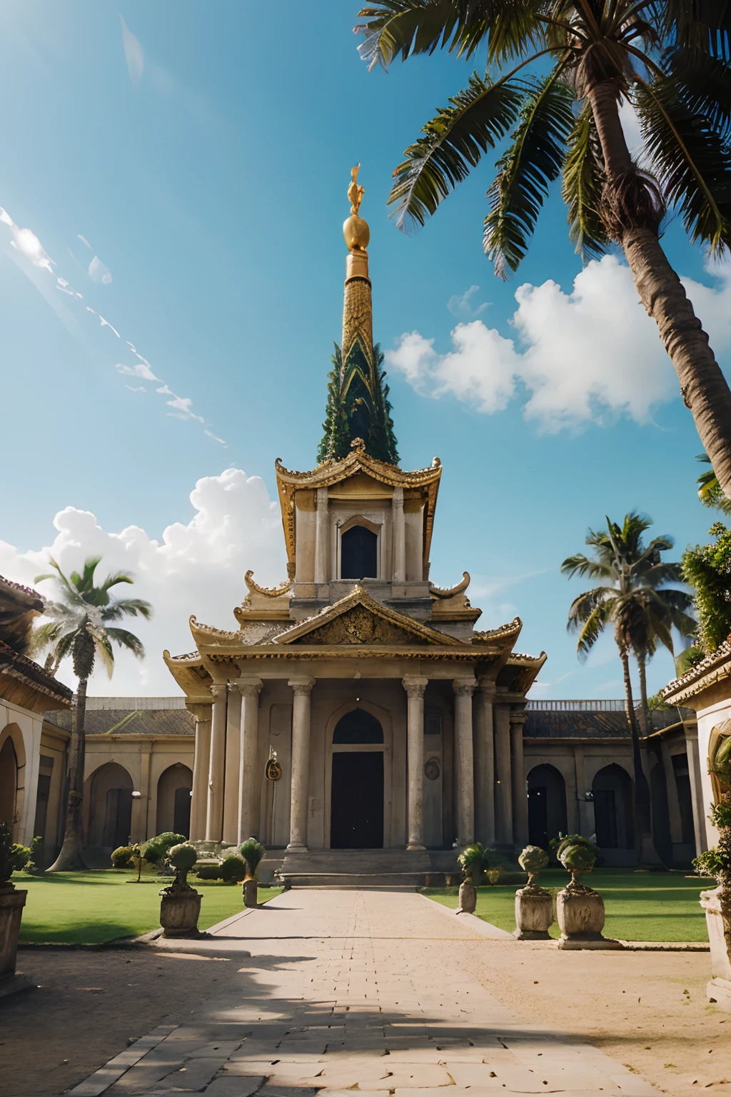 photorealistic baroque temple with palm trees and flying elves