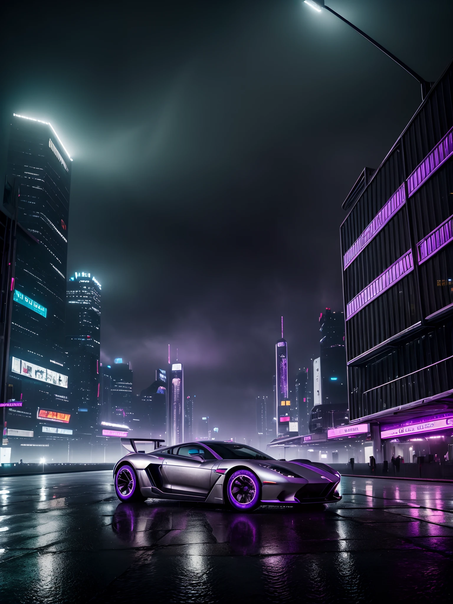 Stainless Steel car, metallic car, futuristic, cyberpunk city, wet weather, purple city lights, raining, Futuristic steel car with sober design and Metallic gray color, 4k, photoshoot, cinematic, blade runner style, wide angle picture, cyberpunk style car, Cinematic photo, fog in the environment, raining