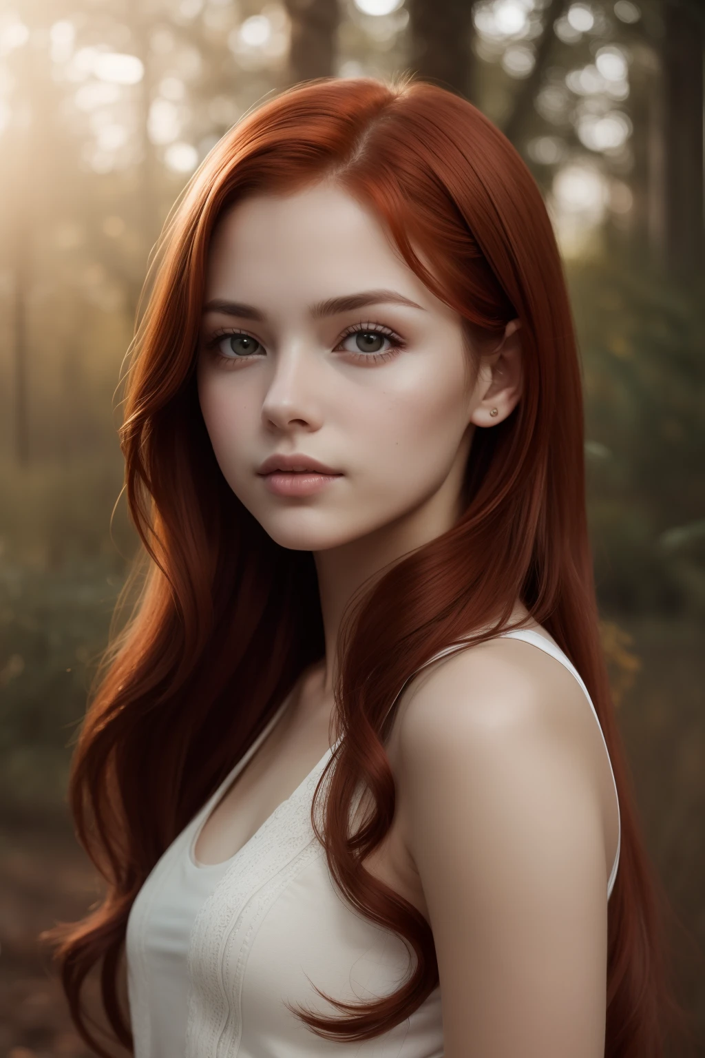 young girl,  redhead,  cinematic, The portrait showcases a young (redhead girl:1.6) with a shy and innocent demeanor,  blueish eyes,  sensual slim face,    big lips,  naked,  BIG TITS and shorts,  Her hair is styled sleek and straight,  elegantly framing her face with  adorable long hairl .Her face is illuminated by gentle lighting,  highlighting her delicate features. The girl's eyes sparkle with a hint of curiosity and her lips form a subtle,  shy smile. The background consists of a ourtoor nature autum scenery muted and warm-toned setting,  providing a calm and serene atmosphere. The composition focuses on the girl's face,  capturing the intricate details of her flawless skin,  The overall image exudes a sense of tranquility and captures the innocence and gentleness of youth, redhair, redhead,