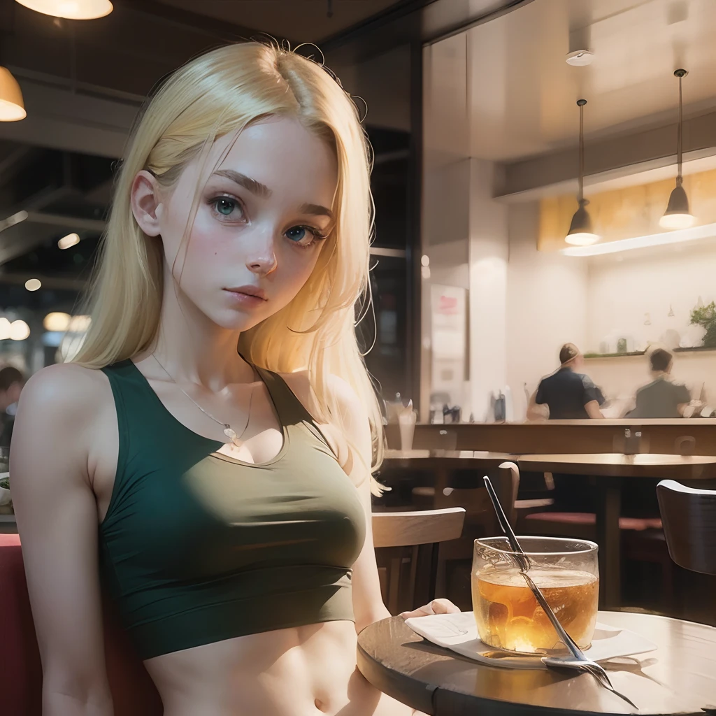blonde au yeux vert avec un crop top jaune et une petite jupe. Elle a de gros sei et est devant un restaurant --auto