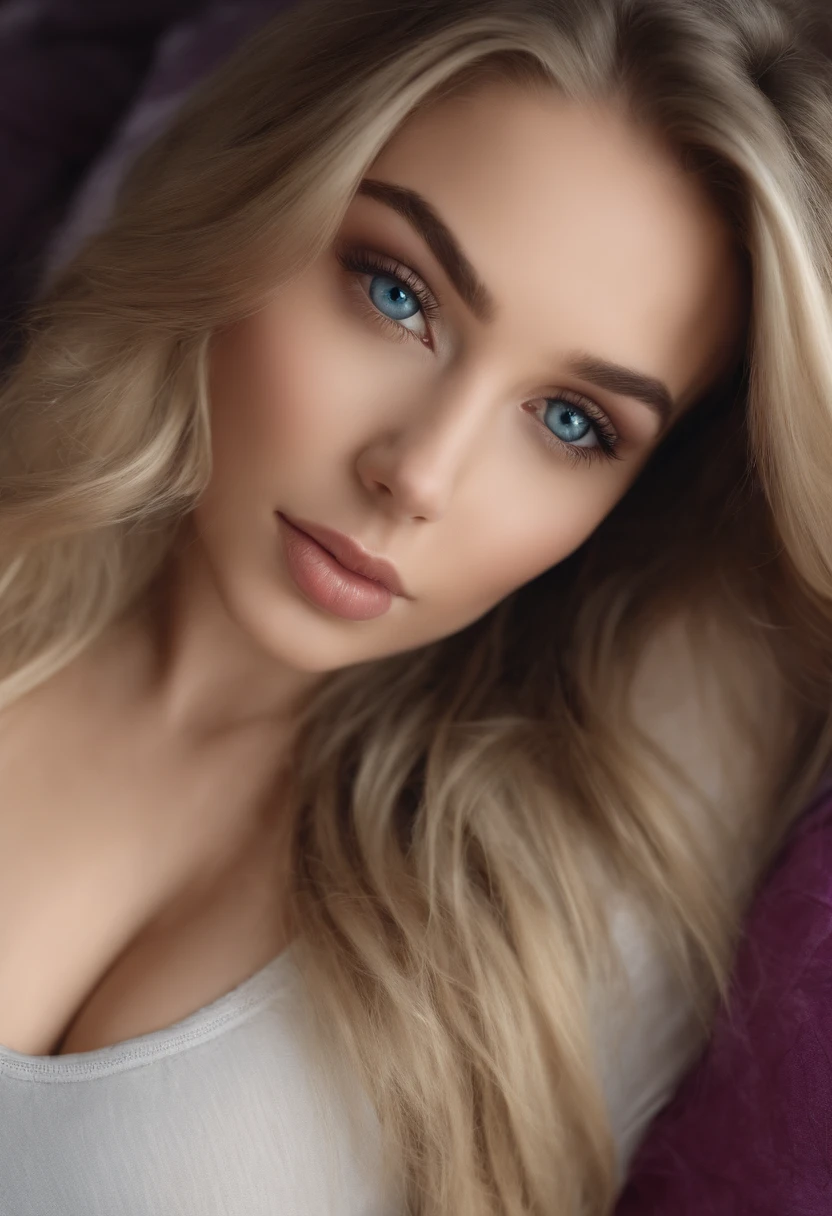 arafed woman fully , sexy girl with blue eyes, ultra realistic, meticulously detailed, portrait sophie mudd, blonde hair and large eyes, selfie of a young woman, bedroom eyes, violet myers, without makeup, natural makeup, looking directly at the camera, face with artgram, subtle makeup, stunning full body shot, laid on bed, in bedroom, only wearing panties, no bra, , , medium to large size bust