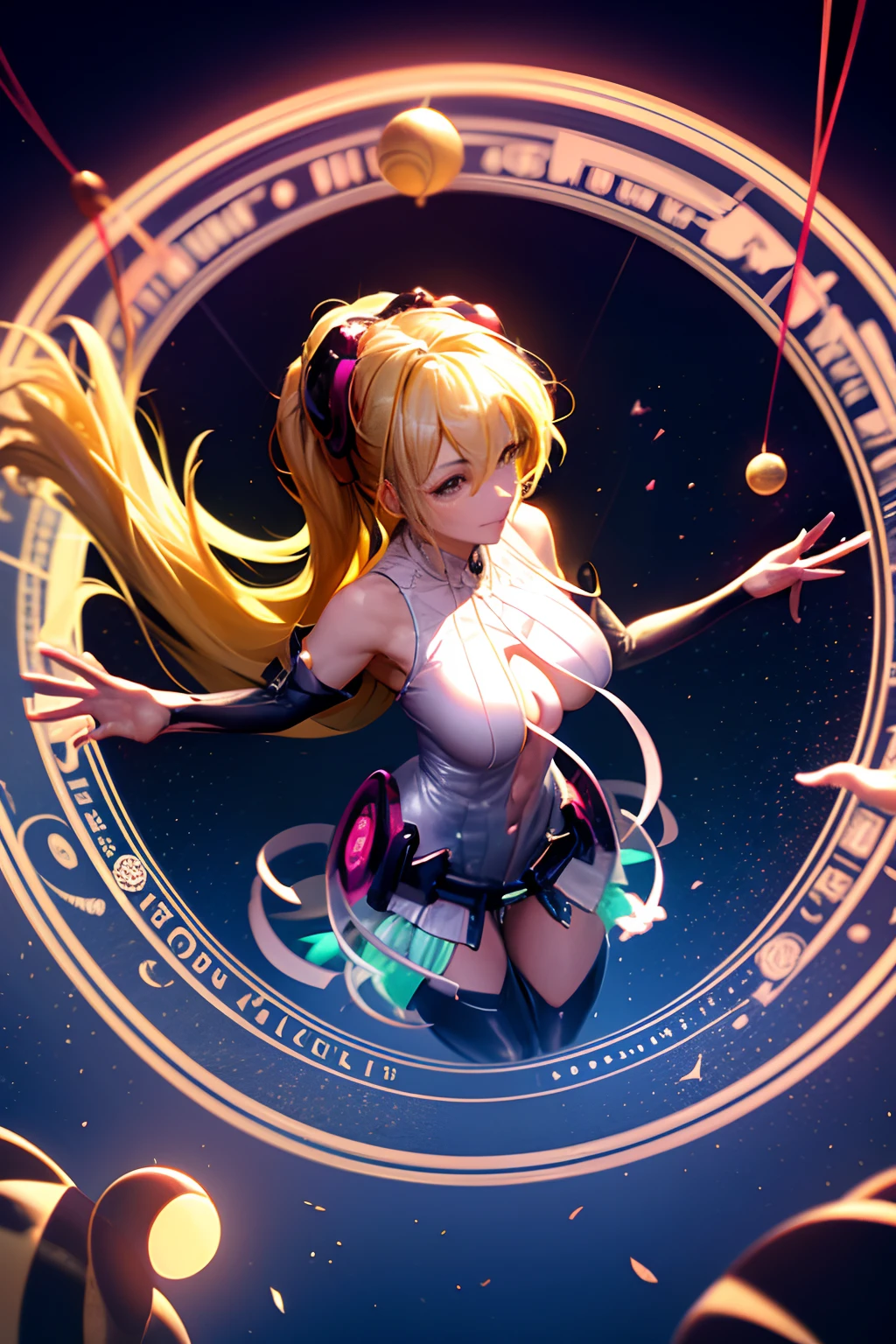 (Obra maestra:1.2), (La mejor calidad:1.2), Perfect lighting, Chica Maga Oscura lanzando un hechizo, flotando en el aire, Levitating over a magic circle , Portal de Circle, tetas grandes, escote abierto, fondo de magia. Pose sejustiva y sexy. Fondo de juegos artificiales