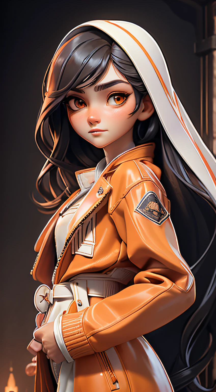 c.c., expressionless, , (masterpiece, best quality, ultra-detailed, best shadow, volumetric lighting), (beautiful detailed face, beautiful detailed eyes), (best illumination),, orange eyes, very long hair, (white straitjacket:1.4), black belt, , (cowboy shot:1.3), intense angle,, mksks style, beautiful background, professional lighting, landscape with warm Colors,