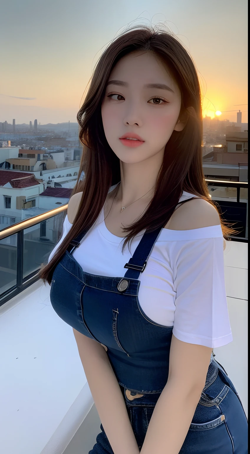((Midnight, Best quality, 8k, Masterpiece :1.3)), Whole body, Long legs, Sharp focus :1.2, A pretty woman with perfect figure :1.4, Slender abs :1.1, ((Dark brown hair, Big breasts :1.2)), (White tight tshirt, Jean bib, Standing:1.2), ((Night city view, Rooftop:1.3)), Highly detailed face and skin texture, Detailed eyes, Double eyelid, sunset, darken, backlit, off shoulder with big boobs