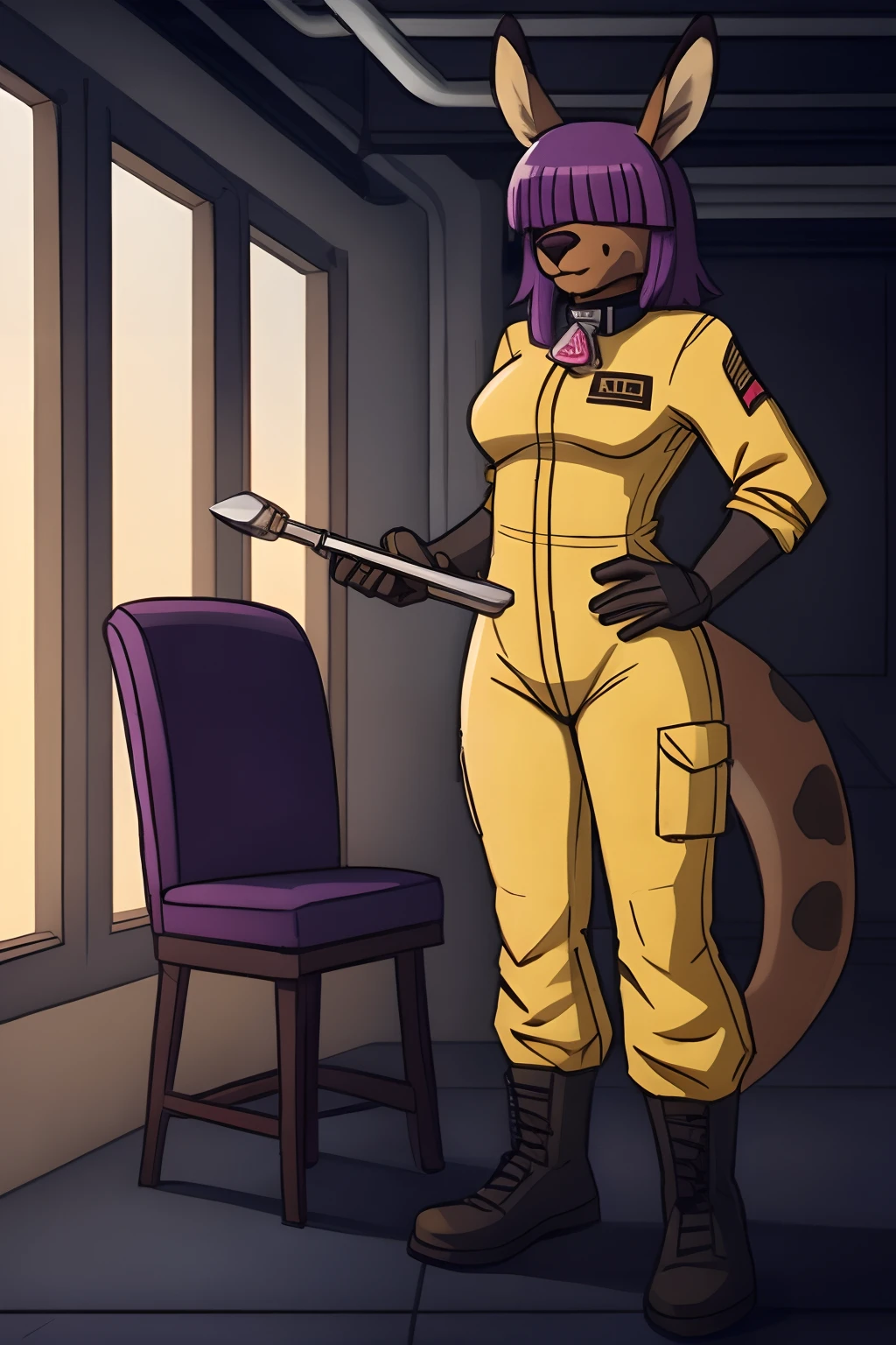 portrait of a (((androgyne))), perfect lighting, furry, anthro, furry art, ((portrait)), Female kangaroo, kangaroo, (two-toned fur), yellow fur, white fur on bell, hyena spots, hyena spots on ears, hyena spots on legs, hyena spots on kangaroo tail, brown mottled upper legs, white breast, brown mottled elbows, brown spots on elbows,armpit hair, armpit brown hair, brown spots on upper legs, brown markings on hips, brown markings on elbows, brown markings on upper legs, furry body, fur on body, brown legs from foot to knee, body fur, animal nose, kangaroo nose, yellow muzzle, kangaroo ears, kangaroo pouch on belly, detaled face, detaled snout, andromorph, fit body, long legs, perfect masculine body, tomboy, slitly muscilar, detailed fur, hairy belly, detailed face, masculine face, Tall, long dark brown hair, messy hair, hair over face, long purple bangs over eyes, two colored hair, purple bangs, no visible eyes, hair over eyes, purple bangs covering eyes, brown curly hair, brown mullet, tied hair on back, Wide hips, big legs, C cup breasts, kangaroo tail, black ended tail, brown end of tail, black tips of ears, detail kangaroo tail, kangaroo like tail, long tail, muscular tail, little fluff on tail, dog collar, cow bell on collar, cow bell, one tail, androgyne, little fat on belly, no eyes, purple bangs, long bangs, long bangs covering eyes, long purple bangs over eyes, belt, mechanic outfit, spaceship room background, works on pipes, pipes, tools, holding tools, wires, hold screwdriver, wear cargo olive jumpsuit, one piece outfit, mechanic jumpsuit, zippered cloth, uniform, space uniform, space pilot uniform, spacesuit, green clothes, red ornaments on clothes, hold tool, red and olive green clothes, stand over a chair, leaning on a chair, chair