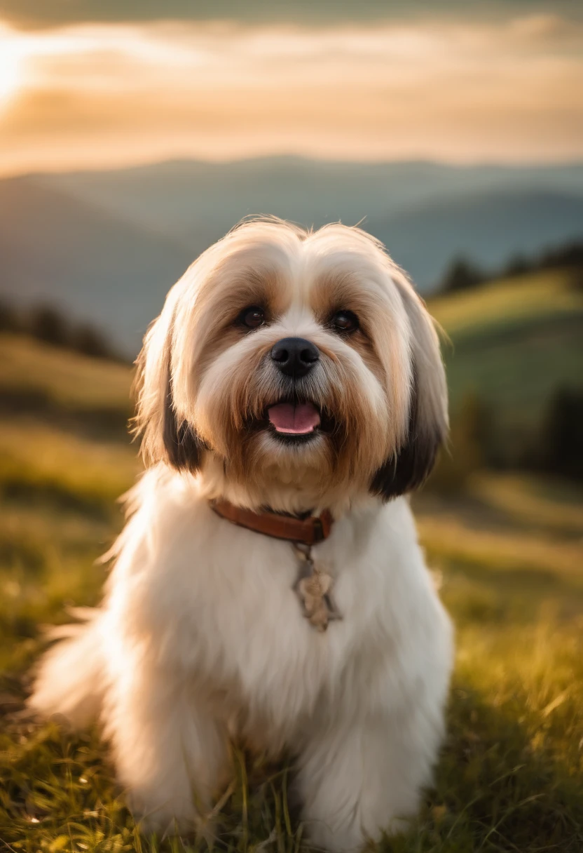 un chien lhassa apso en tenu de rockeur perfecto et lunette de soleil dans un champ d'herbe dans la montagne