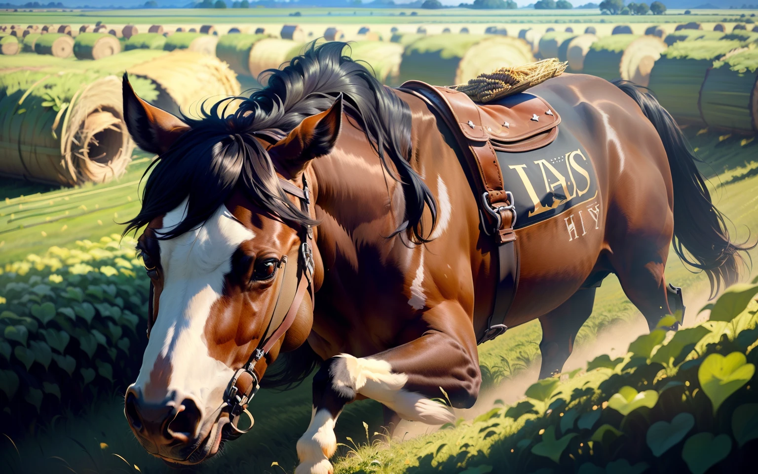 create a pixar style bay mule eating hay