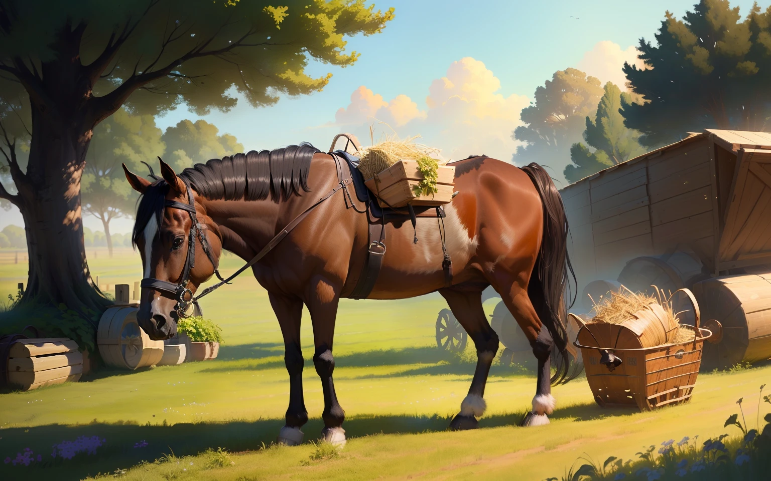 create a pixar style bay mule eating hay