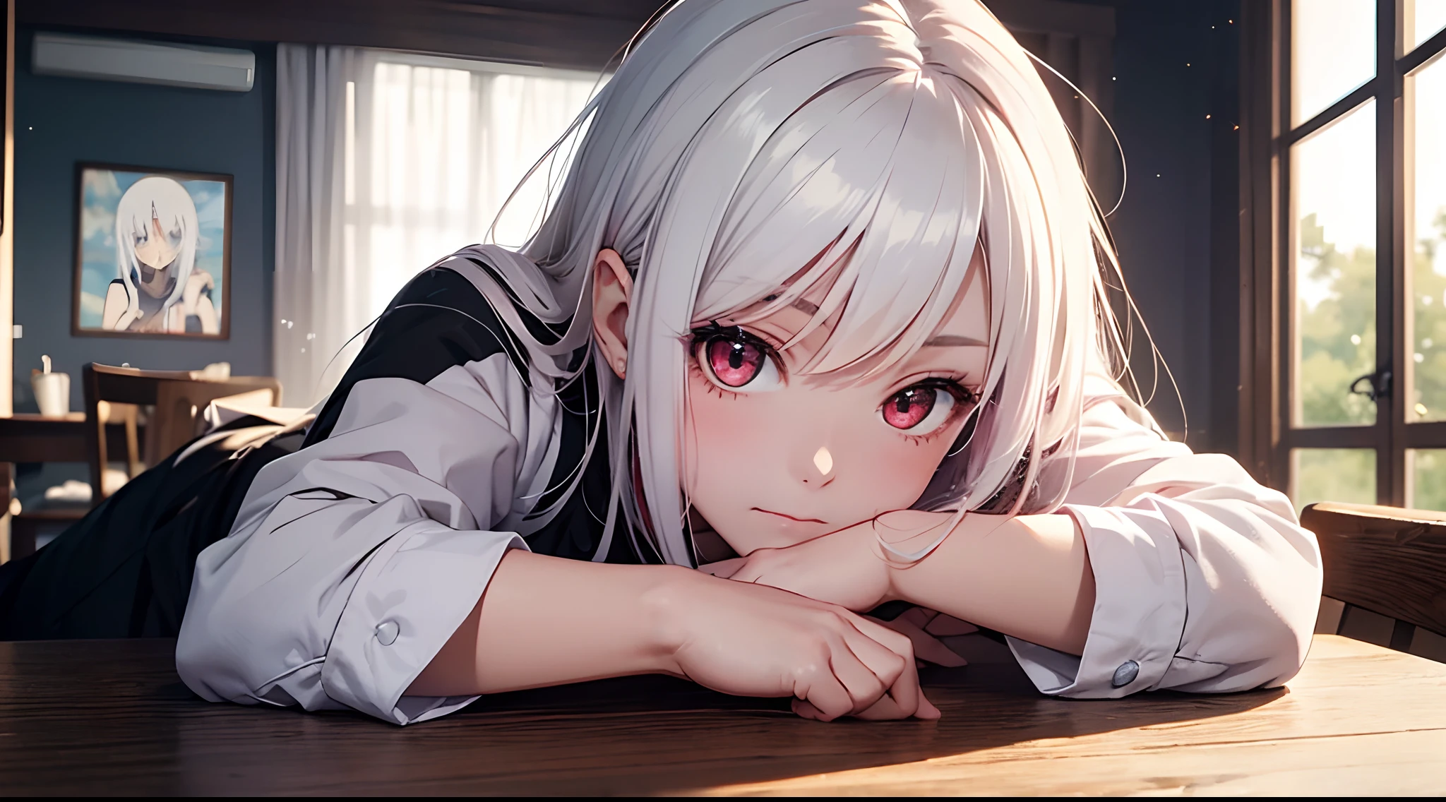 Be a girl with a pink complexion, beautiful eyes (red eyes) and deep as the night sky, half sad face lying on the table, white hair, looking at you, with an anime/semi-realistic style of art