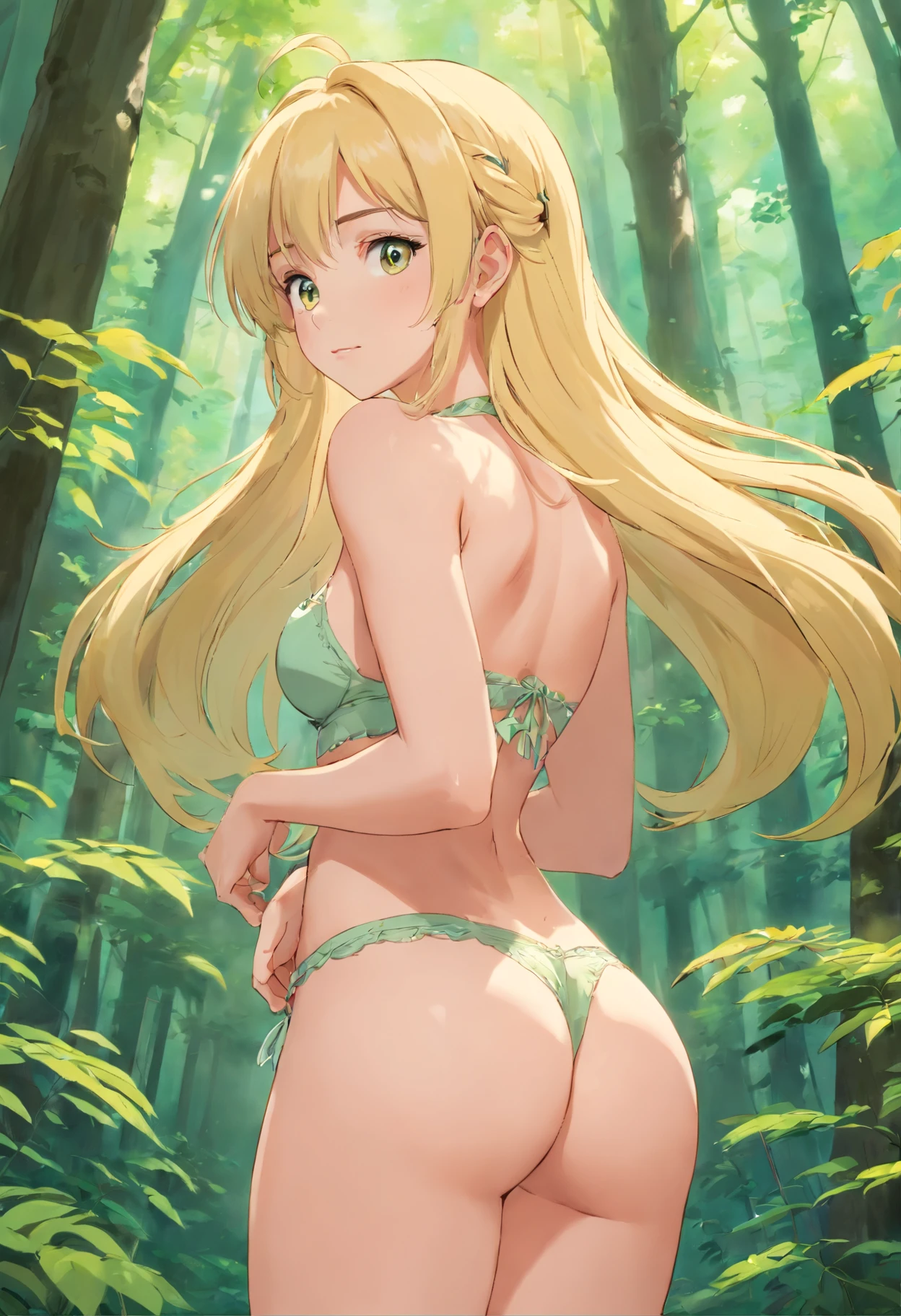 A sexy young woman, 21 years old, long blonde hair, slim athletic body, medium breasts, lingerie, sexy, undressing, nsfw, boudoir, sexy ass, in the forest scenery background