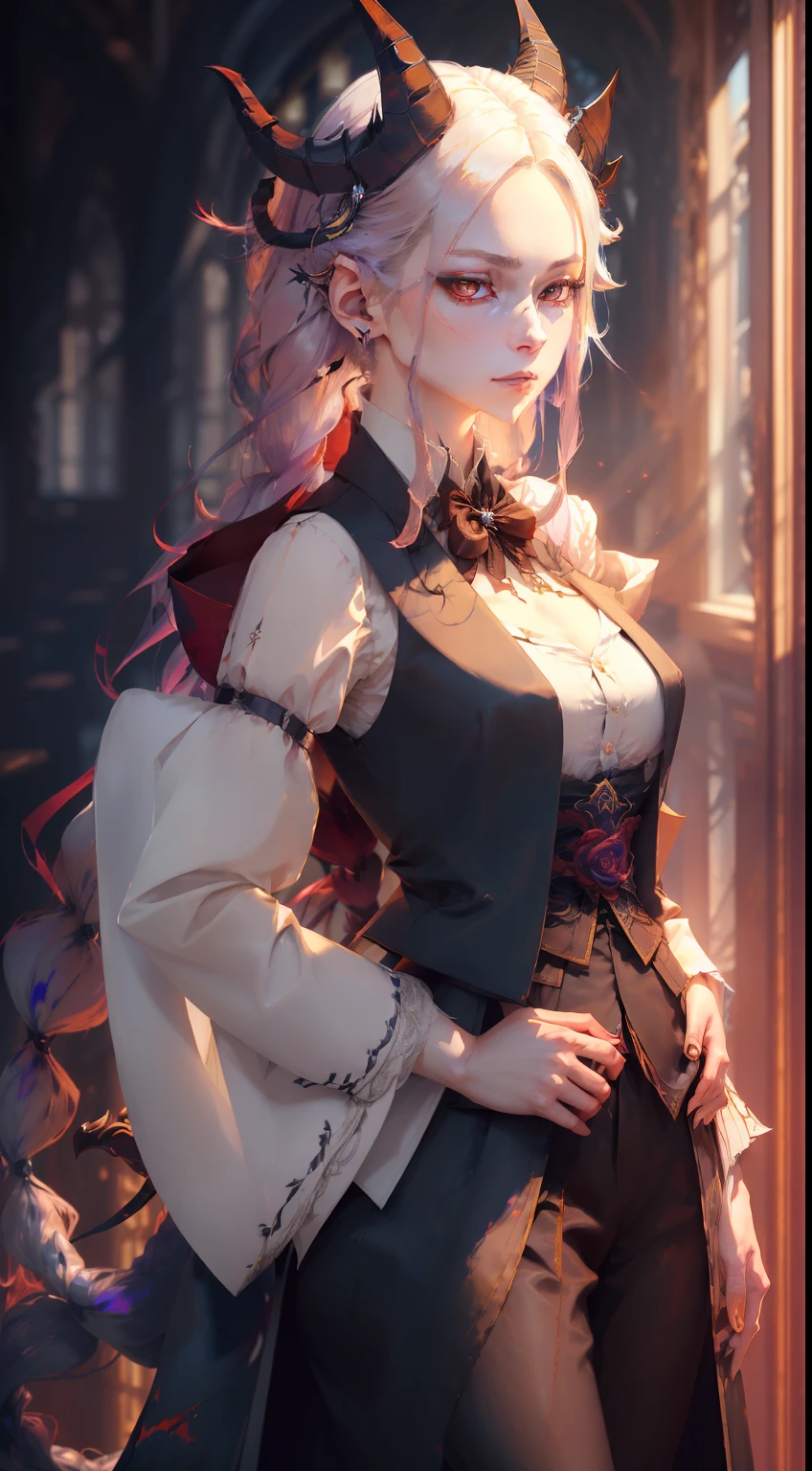 an female character with (long beautiful hair, pale skin), (demon tail) and her appearance is in dim lights, her clothes seems to look like a shirt with (elegant vest), wide sleeves, tailcoat, a look of thief, (Genshin Impact), masterpiece, classy, in painting style, anime, classical style, light colors, clean colors, magican
