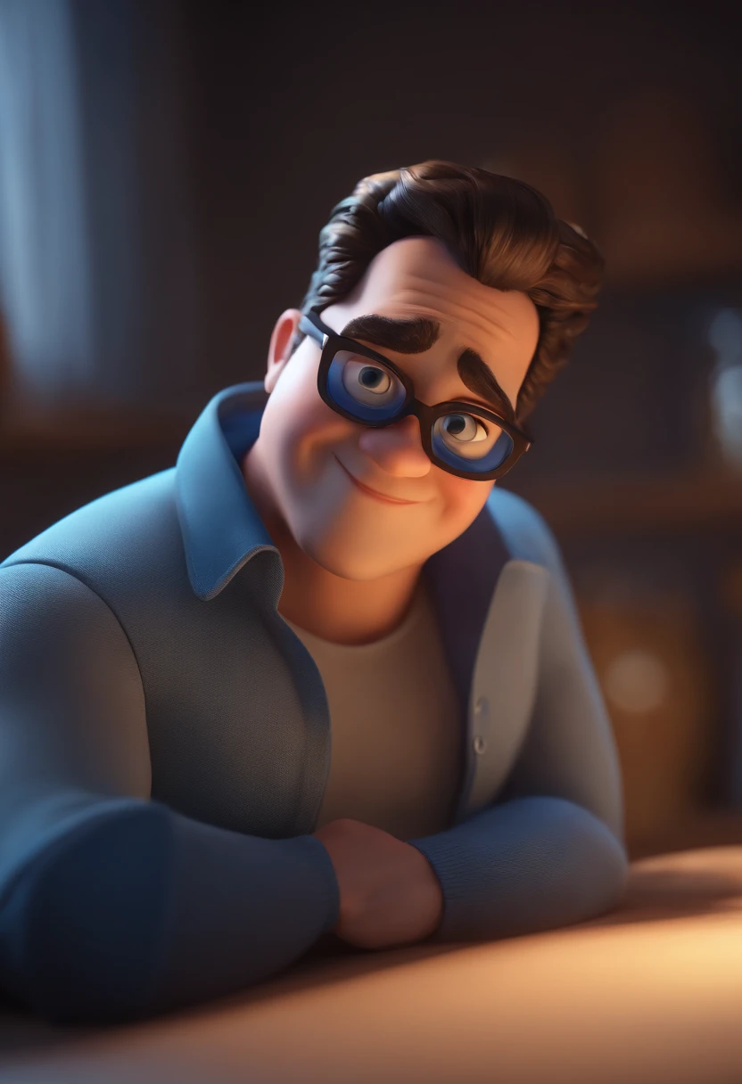 Cartoon character of a man with black glasses and a blue shirt, animation character, Caractere estilizado, animation style rendering, 3D estilizado, Arnold Maya render, 3 d render stylized, toon render keyshot, Personagem 3D, Personagem 3D, 3d rendering stylized, 3 d character render, personagem de desenho animado, Personagem de close up, Pose de personagem, (Estilo Pixar) (master part:1.2) (Bokeh) (best quality) (pele detalhada) (textura detalhada) (8k) (argila) (Cinematic lighting) (foco nítido