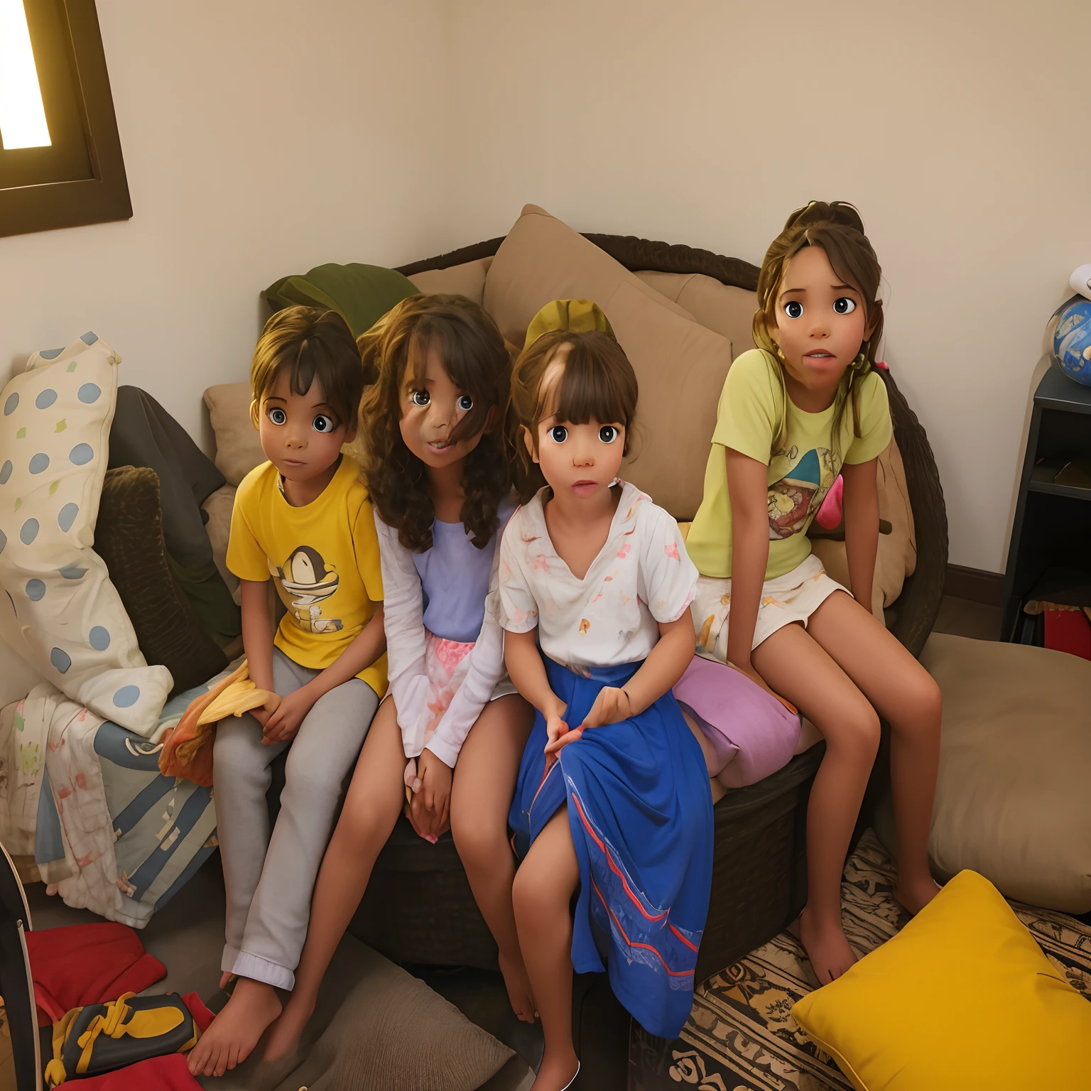 4 children sitting playing on the sofa