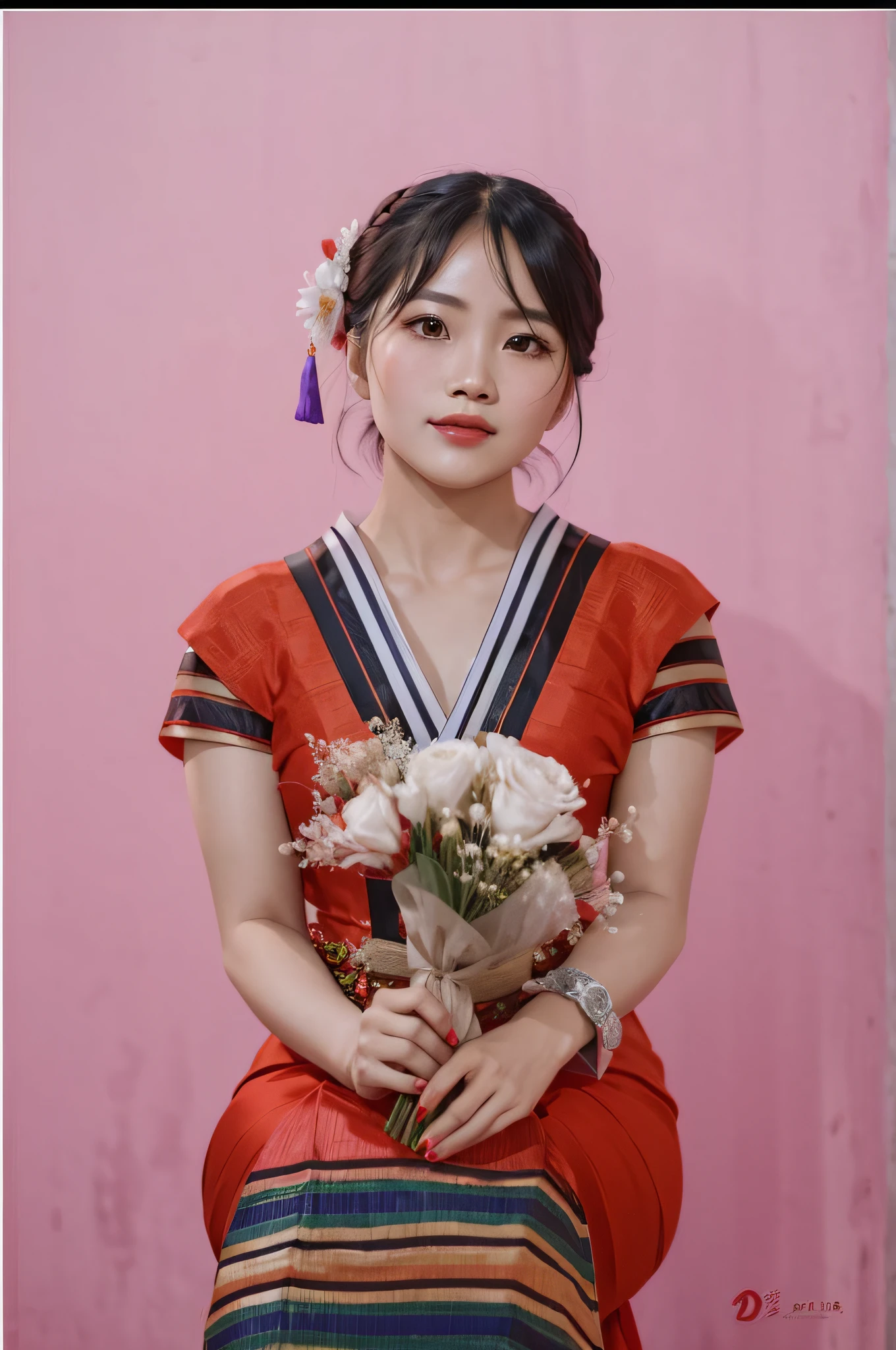 arafed woman in a red dress holding a bouquet of flowers, in style of lam manh, traditional dress, nivanh chanthara, dang my linh, portait photo profile picture, traditional, with flowers, traditional art, sukhothai costume, ruan cute vtuber, mai anh tran, ao dai, traditional chinese