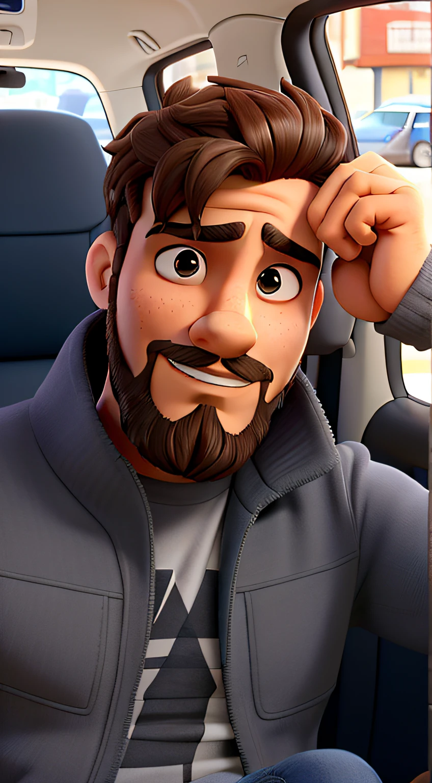 homem dentro do carro, Looking at the camera resting his head on his hand, olho castanho, cabelo cacheado preto e levemente grisalho, barba estilo soatee, cabelo preto
