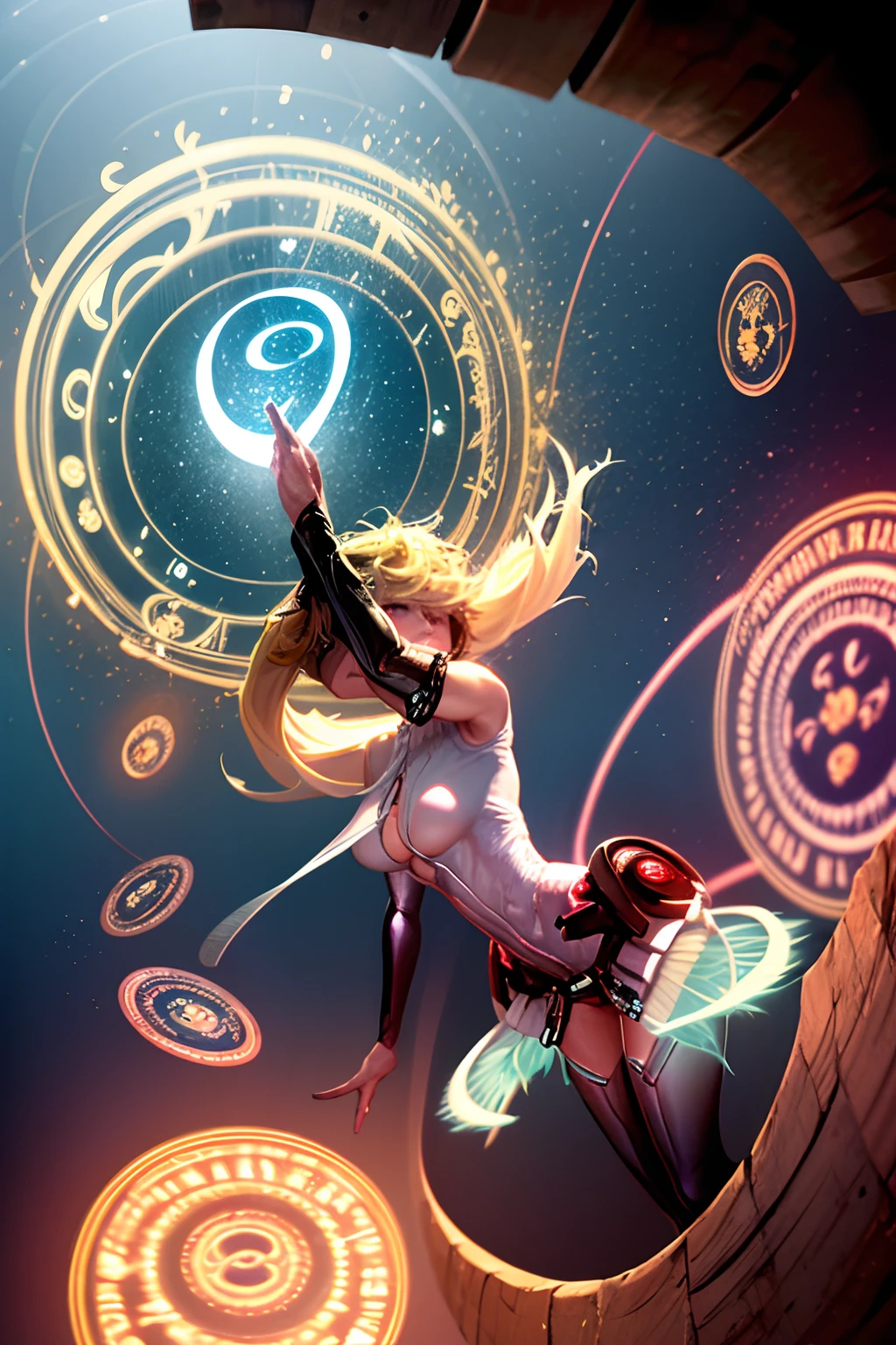 (Obra maestra:1.2), (La mejor calidad:1.2), Perfect lighting, Chica Maga Oscura lanzando un hechizo, flotando en el aire, Levitating over a magic circle , Portal de Circle, tetas grandes, escote abierto, fondo de magia. Pose sejustiva y sexy. Fondo de juegos artificiales
