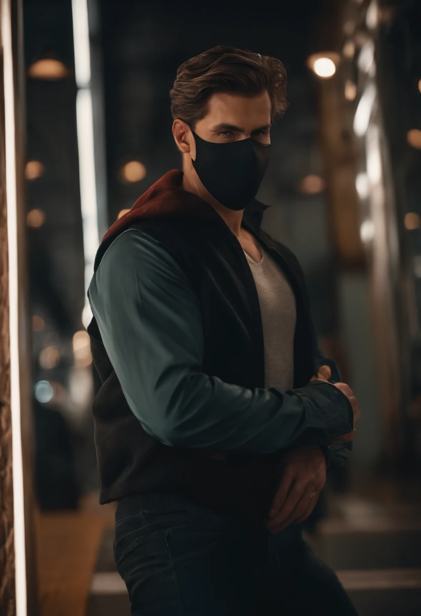 Tall man with dark mask, muscular man with a black blouse and jeans in an alley with a gun at night