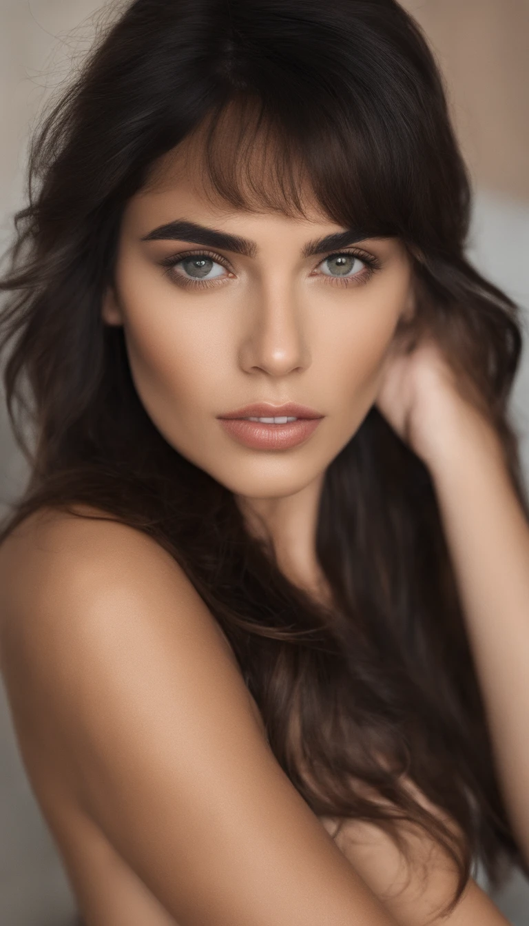 RAW, style, A stunning portrait of a beautiful young woman with striking features. He should have long, flowing hair, a captivating look, and a seductive expression. The background should be neutral and simple, allowing the woman to be the focal point of the image. Please pay close attention to details, such as the highlights and shadows on your face and hair, to create a realistic and realistic image. Experiment with different lighting techniques to improve the mood and atmosphere of the portrait. The final product should be a masterpiece that captures the essence and beauty of the woman, ((highly detailed skin, skin details)), sharp focus, volumetric fog, 8k UHD, DSLR, high quality, film grain, Fujifilm XT3