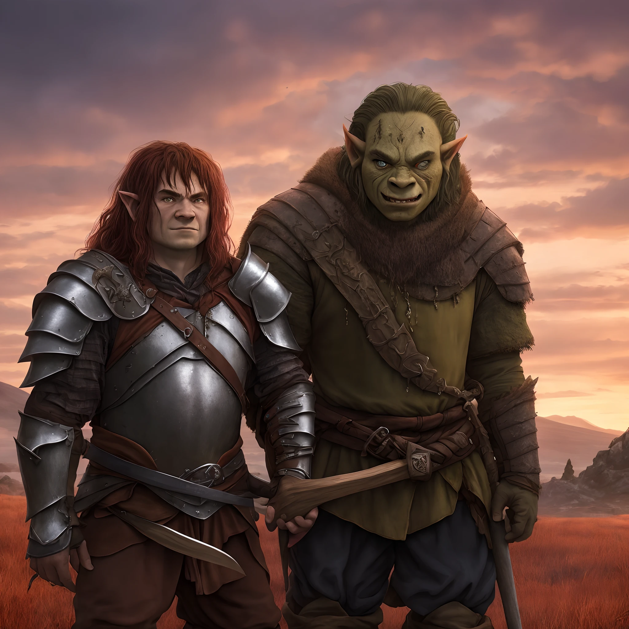 A hobbit in armor holding the severed head of an orc against the red sky and the all-seeing eye of Sauron