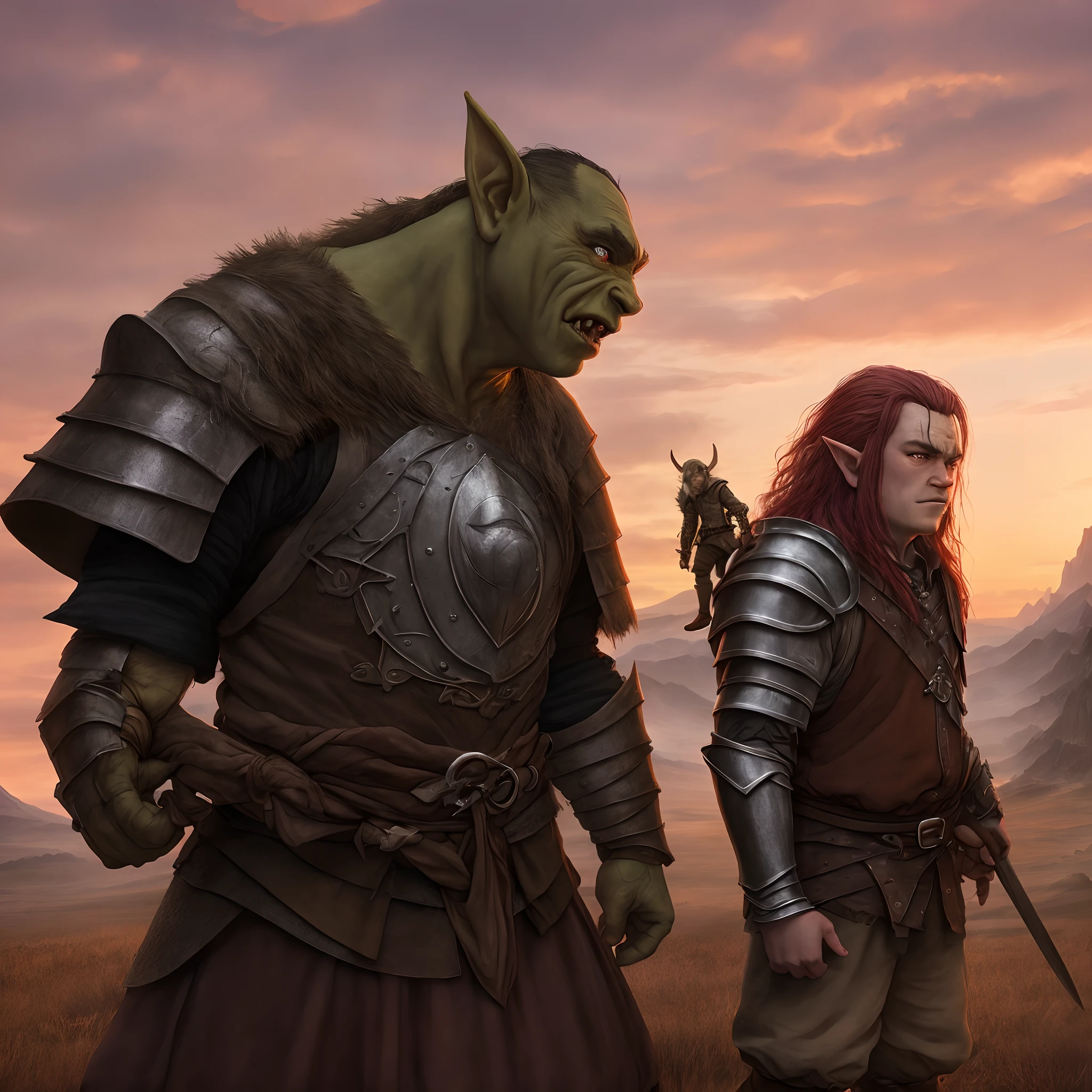 A hobbit in armor holding the severed head of an orc against the red sky and the all-seeing eye of Sauron